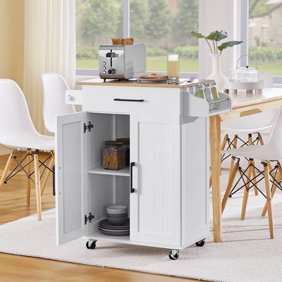 Yaheetech Kitchen Cart with Bamboo Tabletop, 32" Width Rolling Kitchen Island with Drawer and Adjustable Shelf, Storage Cabinet with Spice Rack Towel Bar for Dining Room Kitchen Living Room, White