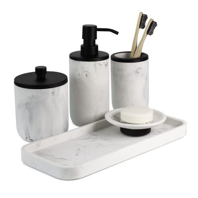 Marble & Matte Black Bathroom Accessories Set - Toothbrush Holder, Soap Dispenser, Modern Black Bathroom Decor