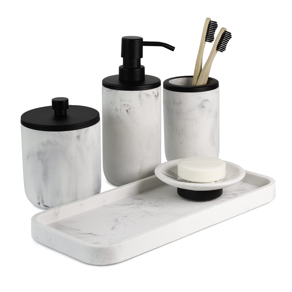 Marble & Matte Black Bathroom Accessories Set - Toothbrush Holder, Soap Dispenser, Modern Black Bathroom Decor