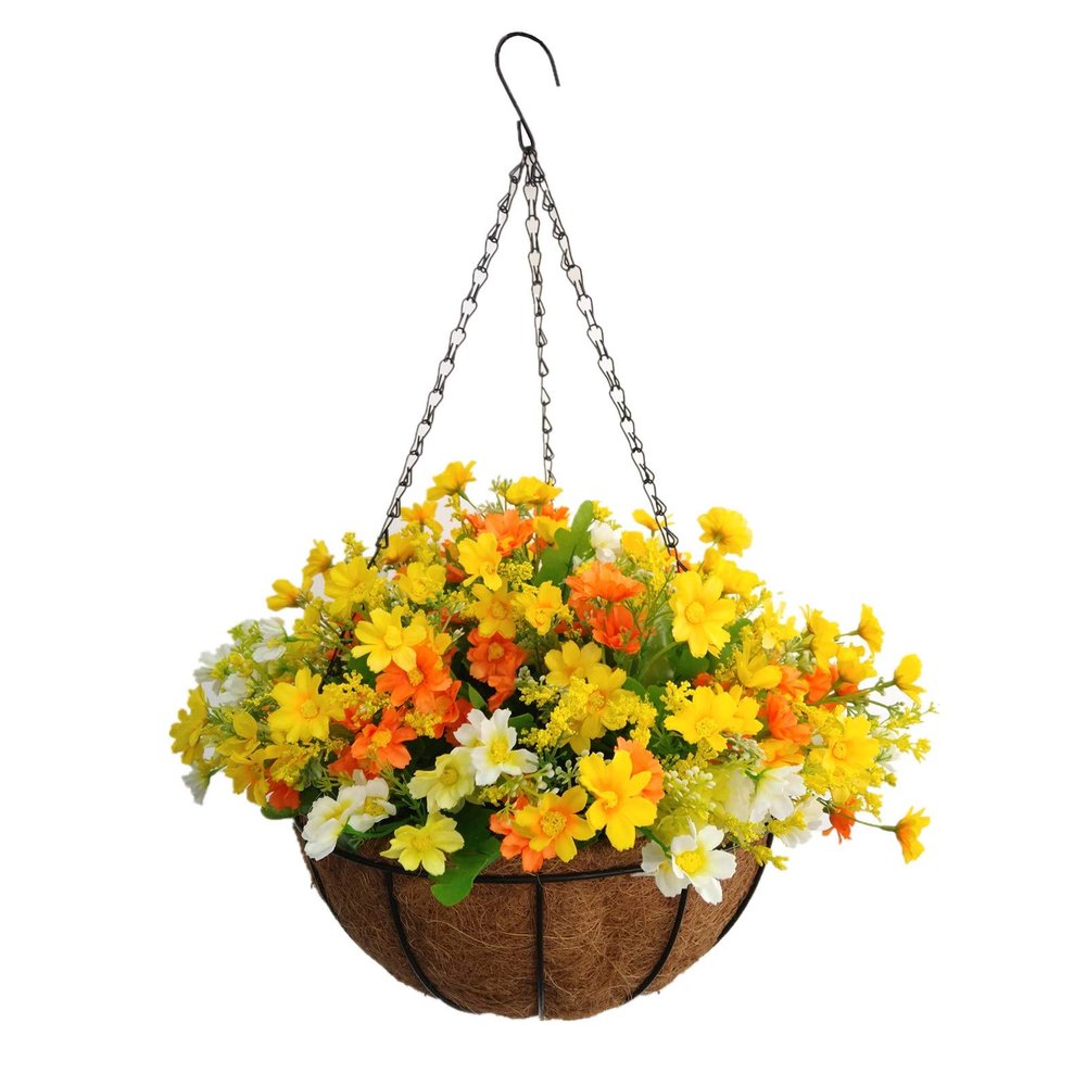 Home and Outdoors Decoration Silk Flowers Chain Hanging Basket Flowerpot Artificial Daisy Flower Yellow and Orange (Big Basket)