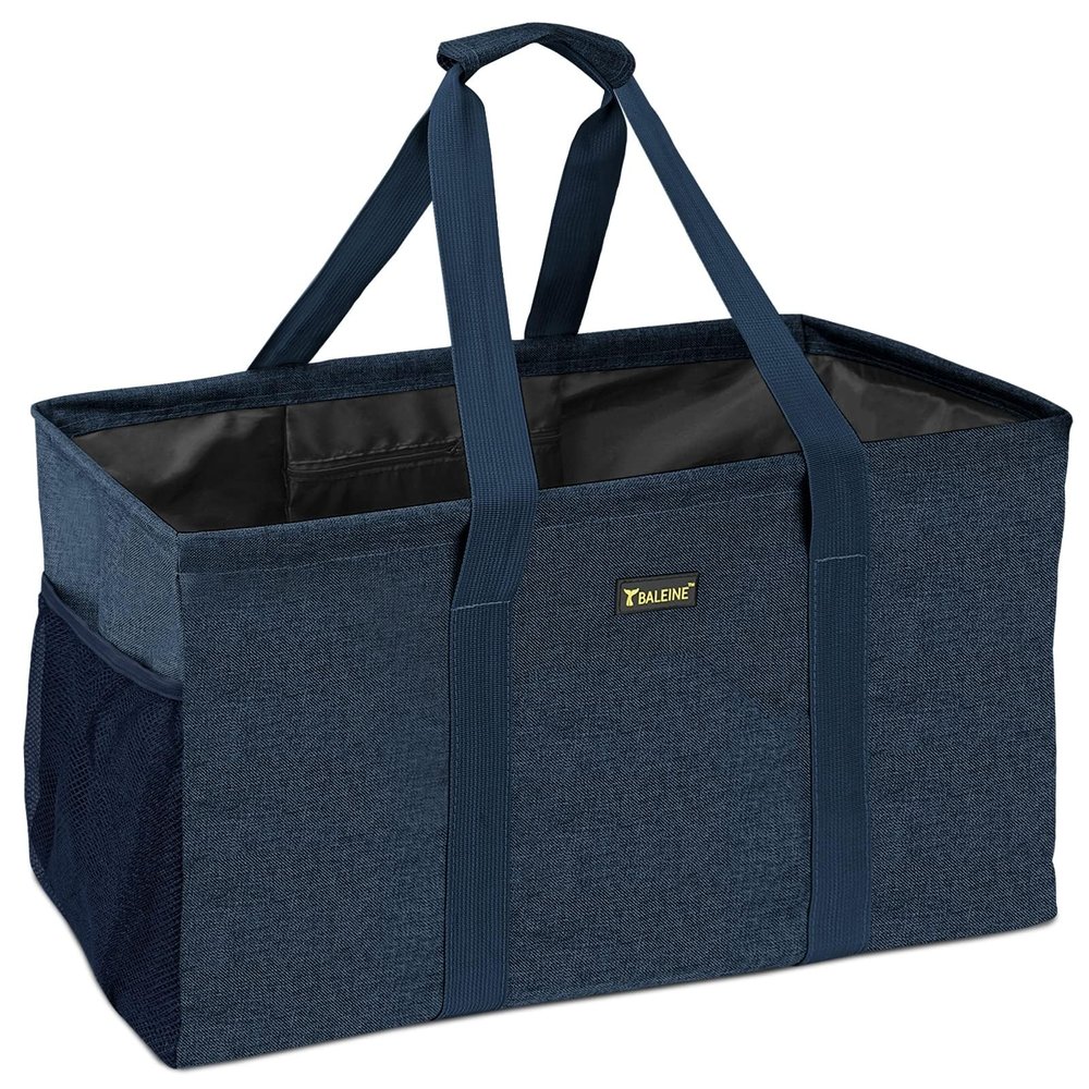 BALEINE Extra Large Utility Tote Bag with Reinforced Wire Frame, Reusable Grocery Bag for Shopping, Picnic (Blue, 22''x12''x10'')