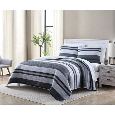 2 Piece Modern Lightweight Durable Soft Striped Blue Grey Quilt Set, All Season Multi Stripes Herringbone Pinstripe Ribbed Design Textured Coastal Bedding, Sophisticated Reversible Cotton Quilt Twin