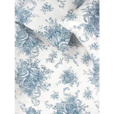 4pc French Country Cottage White Blue Floral Bed Sheets Set, Antique-Inspired Look Botanical Toile Flower 400 Thread Count Crisp Cotton Sheets Queen Size Comfortable Warm Cozy Soft Shabby Chic Bedding