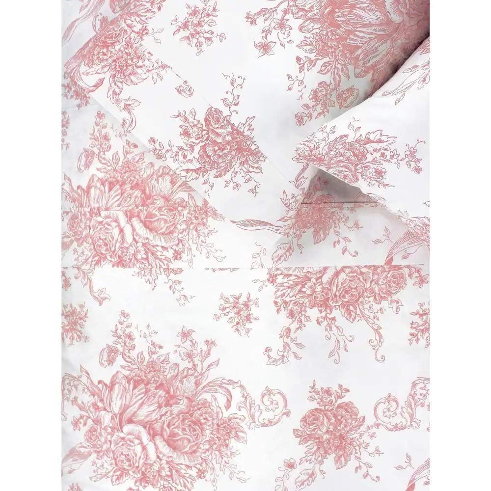 4piece French Country Nature White Pink Floral Bed Sheets Set | Botanical Vintage Beautiful Toile Flowers 400 Thread Count Crisp Cotton Sheets Cal King - Comfortable Warm Cozy Soft Shabby Chic Bedding
