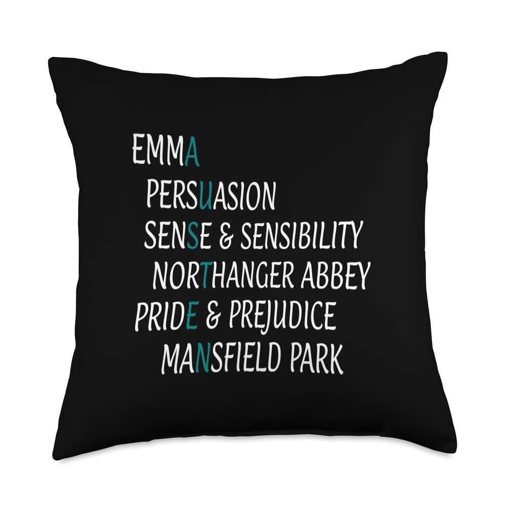 Jane Austen Gifts for Women and Men Books Author Spell Out Throw Pillow