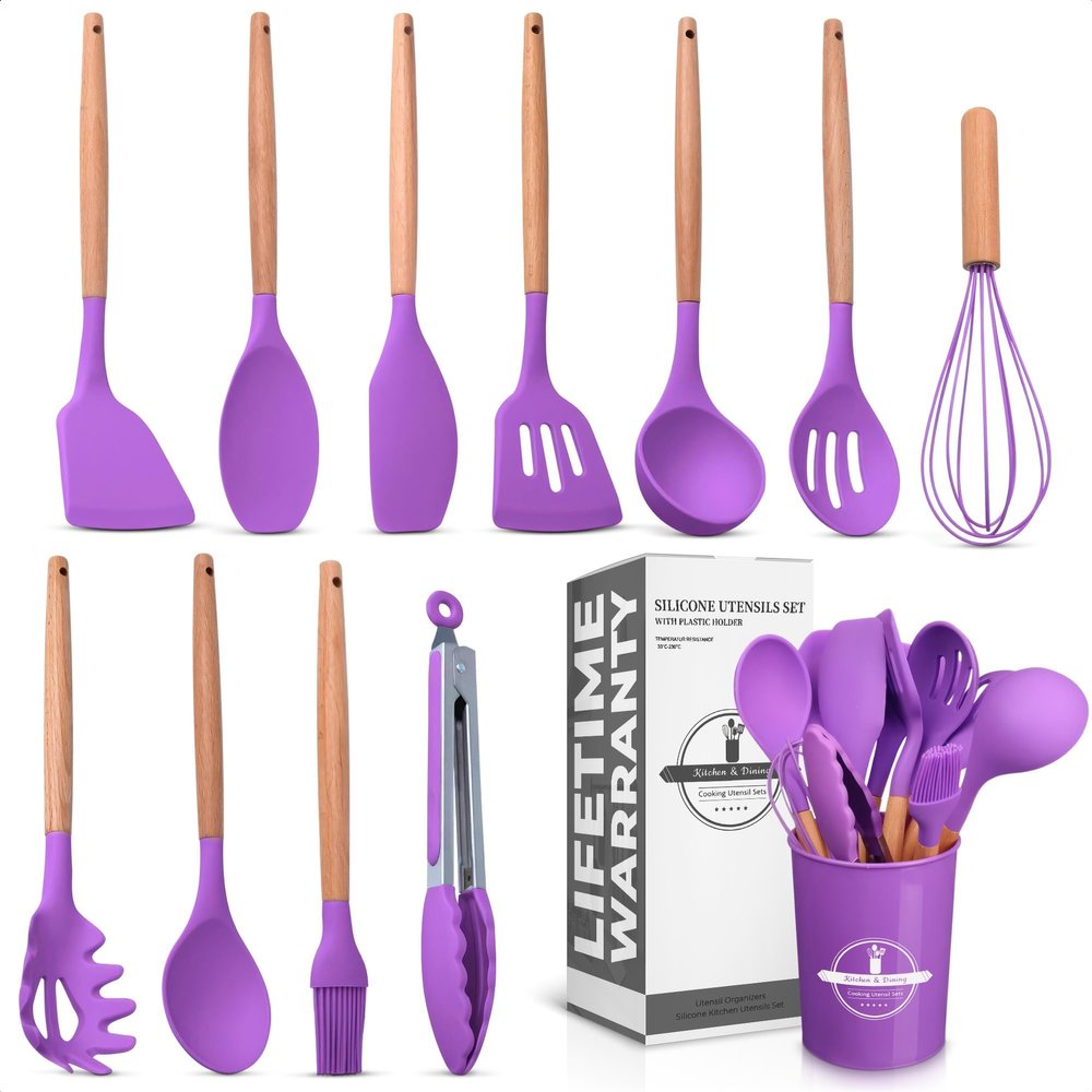 12 Pcs Purple Kitchen Utensils Set with Holder Versatile Silicone Utensils Set for Cooking and Baking, Gentle on Pots and Pans, Heat-Resistant, Stylish, Easy to Clean, Purple Kitchen Accessories