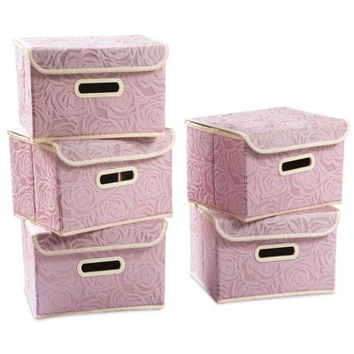 PRANDOM Foldable Storage Boxes with Lids [5-Pack] Fabric Decorative Storage Bins Cubes Organizer Containers Baskets with Cover Handles Divider for Bedroom Closet Living Room Pink 9.8x7.9x6.7 Inch