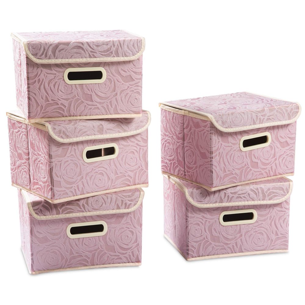PRANDOM Foldable Storage Boxes with Lids [5-Pack] Fabric Decorative Storage Bins Cubes Organizer Containers Baskets with Cover Handles Divider for Bedroom Closet Living Room Pink 9.8x7.9x6.7 Inch