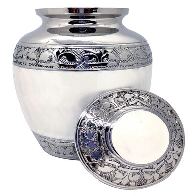 Akanksha Arts Small 6 x 4 inch Brass Cremation Urn Memorial Container - 650 ml, White. Rare Handicraft, with Bag