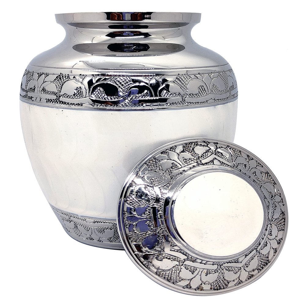 Akanksha Arts Small 6 x 4 inch Brass Cremation Urn Memorial Container - 650 ml, White. Rare Handicraft, with Bag