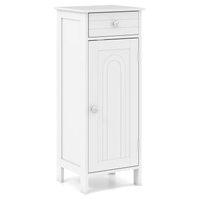 Tangkula Bathroom Floor Cabinet, Free-Standing Single Door Storage Cabinet with Drawer & 2 Adjustable Shelves, Wooden 14L Narrow Side Storage Organizer for Small Spaces, Living Room, Kitchen (White)
