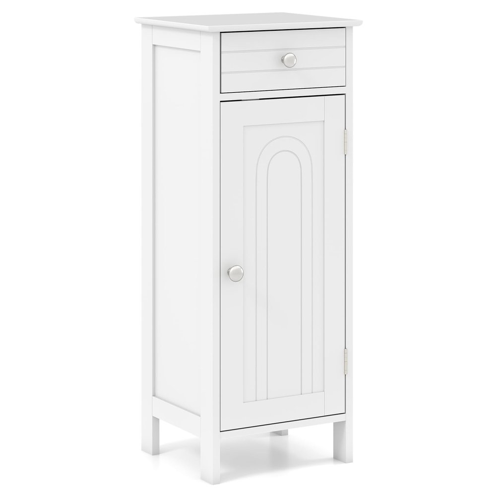 Tangkula Bathroom Floor Cabinet, Free-Standing Single Door Storage Cabinet with Drawer & 2 Adjustable Shelves, Wooden 14L Narrow Side Storage Organizer for Small Spaces, Living Room, Kitchen (White)