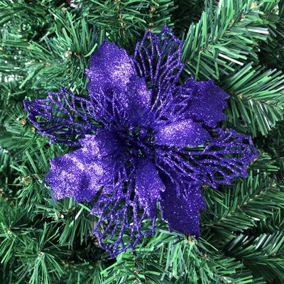 20 Pcs Christmas Dark Purple Glitter Mesh Holly Leaf Artificial Poinsettia Flowers Picks Tree Ornaments 6.3" W for Dark Purple Christmas Tree Wreath Garland Floral Gift Winter Wedding Holiday Decor