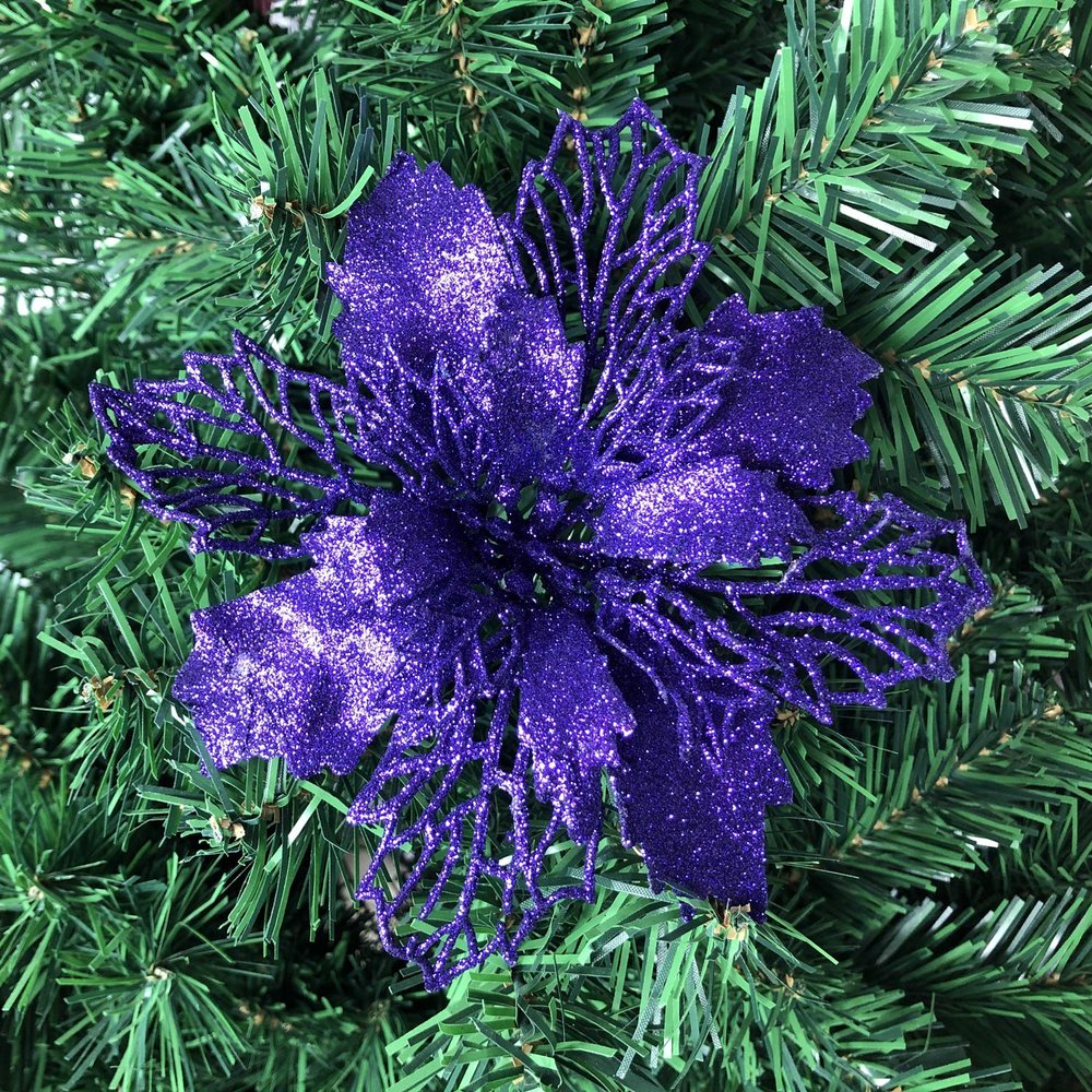 20 Pcs Christmas Dark Purple Glitter Mesh Holly Leaf Artificial Poinsettia Flowers Picks Tree Ornaments 6.3" W for Dark Purple Christmas Tree Wreath Garland Floral Gift Winter Wedding Holiday Decor