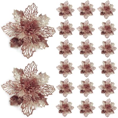 20 Pcs Christmas Rose Gold Glitter Mesh Holly Leaf Artificial Poinsettia Flowers Picks Tree Ornaments 6.3" W for Rose Gold Christmas Tree Wreath Garland Floral Gift Winter Wedding Holiday Decoration