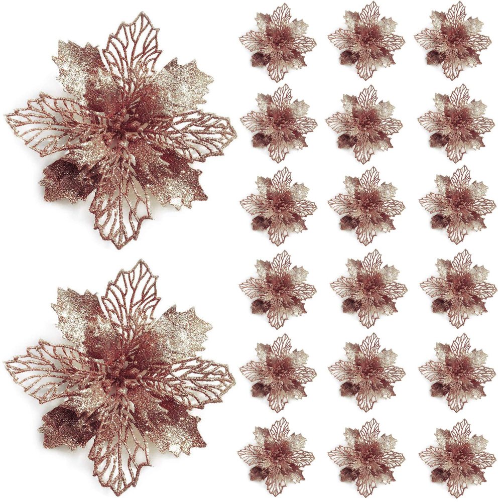 20 Pcs Christmas Rose Gold Glitter Mesh Holly Leaf Artificial Poinsettia Flowers Picks Tree Ornaments 6.3" W for Rose Gold Christmas Tree Wreath Garland Floral Gift Winter Wedding Holiday Decoration