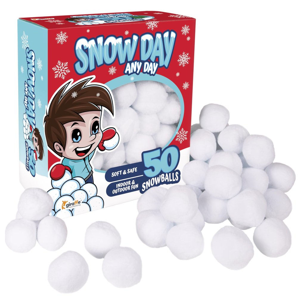 Giraffe 50 Pack Jumbo Fun Fake Snowball for Kids 2.5 Inches - Artificial Snowballs Bulk for Indoor and Outdoor - Snow Ball for Decorations, Winter Toy Games Fights - Fun Christmas Party Activities