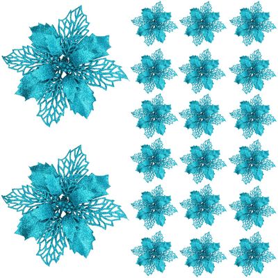 20 Pcs Christmas Teal Blue Glitter Mesh Holly Leaf Artificial Poinsettia Flowers Picks Tree Ornaments 6.3" W for Lake Blue Christmas Tree Wreath Garland Floral Gift Winter Wedding Holiday Decoration