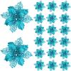 20 Pcs Christmas Teal Blue Glitter Mesh Holly Leaf Artificial Poinsettia Flowers Picks Tree Ornaments 6.3" W for Lake Blue Christmas Tree Wreath Garland Floral Gift Winter Wedding Holiday Decoration view 1