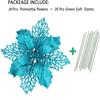 20 Pcs Christmas Teal Blue Glitter Mesh Holly Leaf Artificial Poinsettia Flowers Picks Tree Ornaments 6.3" W for Lake Blue Christmas Tree Wreath Garland Floral Gift Winter Wedding Holiday Decoration view 2