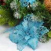 20 Pcs Christmas Teal Blue Glitter Mesh Holly Leaf Artificial Poinsettia Flowers Picks Tree Ornaments 6.3" W for Lake Blue Christmas Tree Wreath Garland Floral Gift Winter Wedding Holiday Decoration view 3