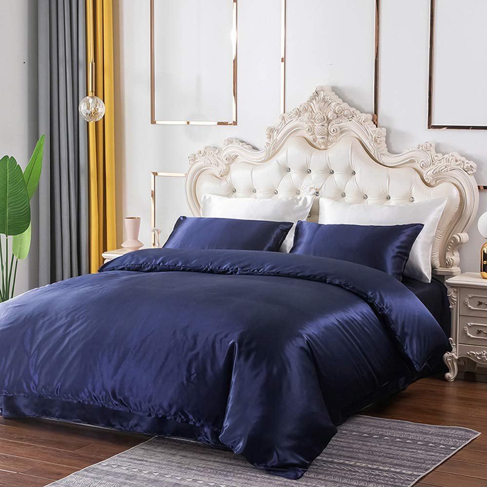 ABP Collection Duvet Set - Navy Blue Duvet Covers King Size 94X104 King/Cal King Size with Zipper Closure & Corner Ties, Soft Silky Satin Comforter Cover Sets 3 Pieces (1 Duvet Cover & 2 Pillowcases)
