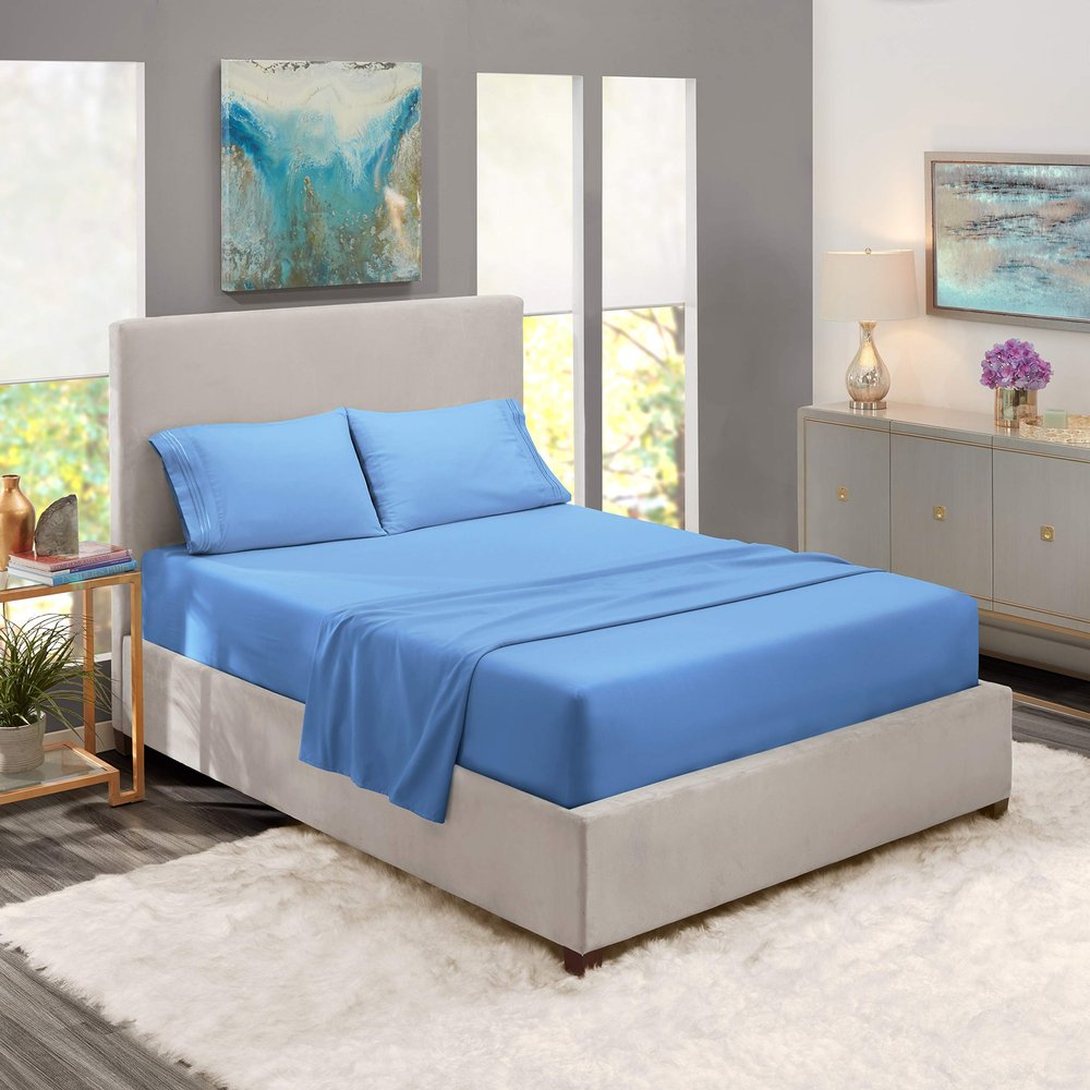 5 Pcs Split Bed Sheet Set + Duvet Cover with Zipper Closure & Corner Ties 100% Combed Cotton 600 TC Split King Size Sheet Set For Adjustable Bed All Around Fitted Upto 14" DP(6 PC | Calm Blue)