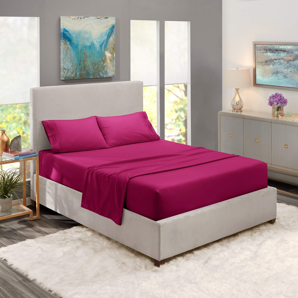 5 Pcs Split Bed Sheet Set + Duvet Cover with Zipper Closure & Corner Ties 100% Combed Cotton 600 TC Split King Size Sheet Set For Adjustable Bed All Around Fitted Upto 14" DP(6 PC | Magenta)