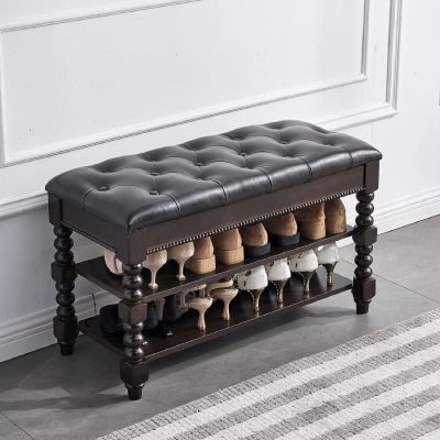 LEILISI Shoe Bench, Wood Storage Bench with Cushion Seat, Shoe Rack with Hidden Storage Space for Entryway Living Room Bedroom Hallway (Walnut, 31.5'')