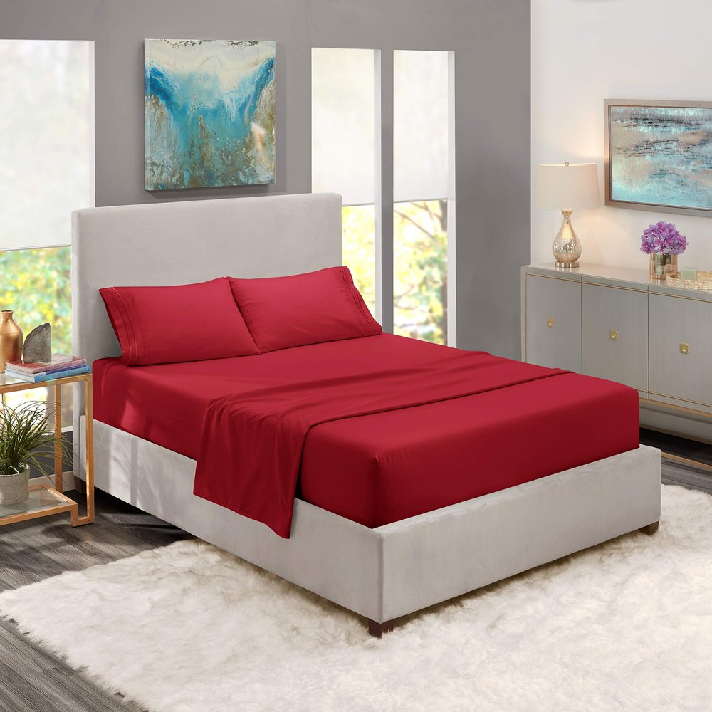 5 Pcs Split Bed Sheet Set + Duvet Cover with Zipper Closure & Corner Ties 100% Combed Cotton 600 TC Split King Size Sheet Set For Adjustable Bed All Around Fitted Upto 14" DP(6 PC | Burgundy)