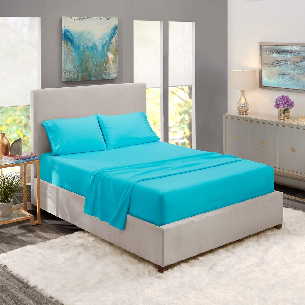 5 Pcs Split Bed Sheet Set + Duvet Cover with Zipper Closure & Corner Ties 100% Combed Cotton 600 TC Split Cal-King Size Sheet Set For Adjustable Bed All Around Fitted Upto 14" DP(6 PC | Beach Blue)
