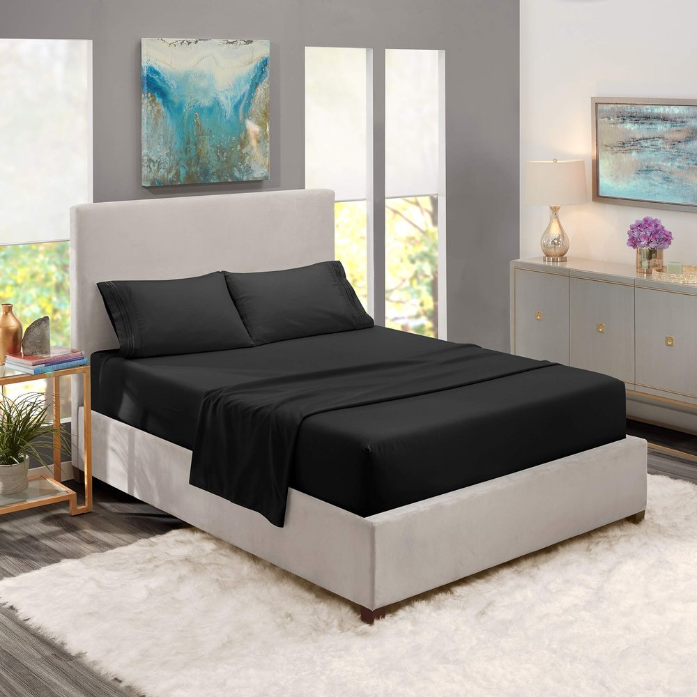 5 Pcs Split Bed Sheet Set + Duvet Cover with Zipper Closure & Corner Ties 100% Combed Cotton 600 TC Split King Size Sheet Set For Adjustable Bed All Around Fitted Upto 15" DP(6 PC | Black)