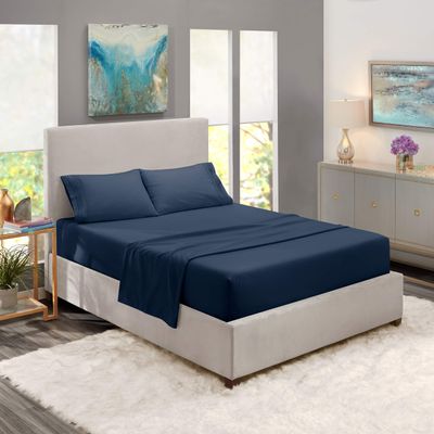 5 Pcs Split Bed Sheet Set + Duvet Cover with Zipper Closure & Corner Ties 100% Combed Cotton 600 TC Split King Size Sheet Set For Adjustable Bed All Around Fitted Upto 15" DP(6 PC | Navy Blue)