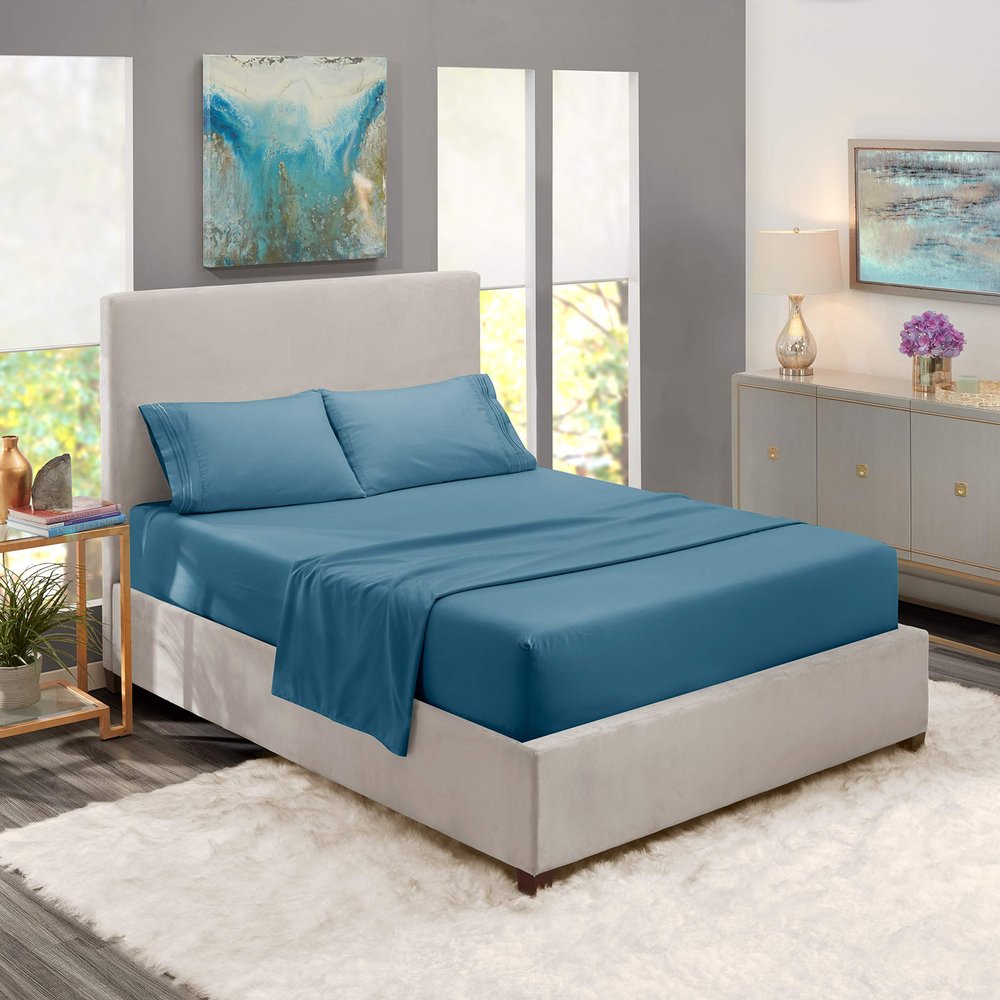 5 Pcs Split Bed Sheet Set + Duvet Cover with Zipper Closure & Corner Ties 100% Combed Cotton 600 TC Split King Size Sheet Set For Adjustable Bed All Around Fitted Upto 16" DP(6 PC | Blue Heaven)