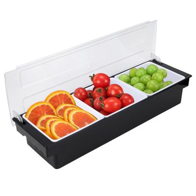 3 Compartment Garnish Tray with Lid, Plastic Bar Fruit Caddy Veggie Condiment Container Ice Chilled Serving Tray for Bartenders, Serving Taco, Ice Cream, Salad Bar Topping Organizer