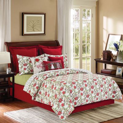 C&F Home Eve Red & Green Botanical Reversible Holly Sprig Christmas Holiday Poinsettia Full/Queen Quilt Set Full/Queen 3 Piece Set Red