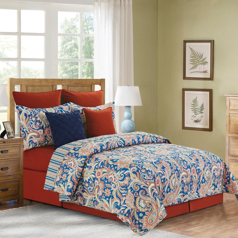 C&F Home Marla Paisley Stripes Damask Twin Quilt Set Machine Washable Reversible Cotton Quilt Set Twin 2 Piece Set Blue