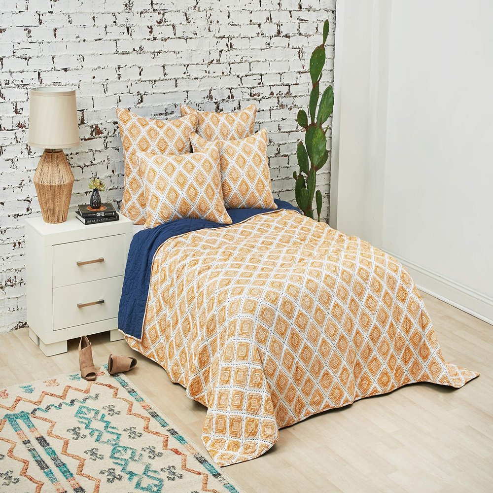 C&F Home Carver Ochre Embroidered Diamond Print Reversible Premium Cotton Queen Quilt Queen Yellow