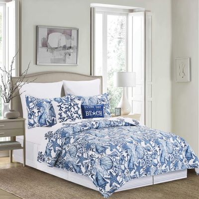 C&F Home Blue Coast Shells Twin Bed 2 Piece Cotton Quilt Set Indigo Blue & White Summer Beach Ocean Coastal Nautical Reversible Machine Washable Lightweight Bedspread Bedding Coverlet Twin 2 Piece Set