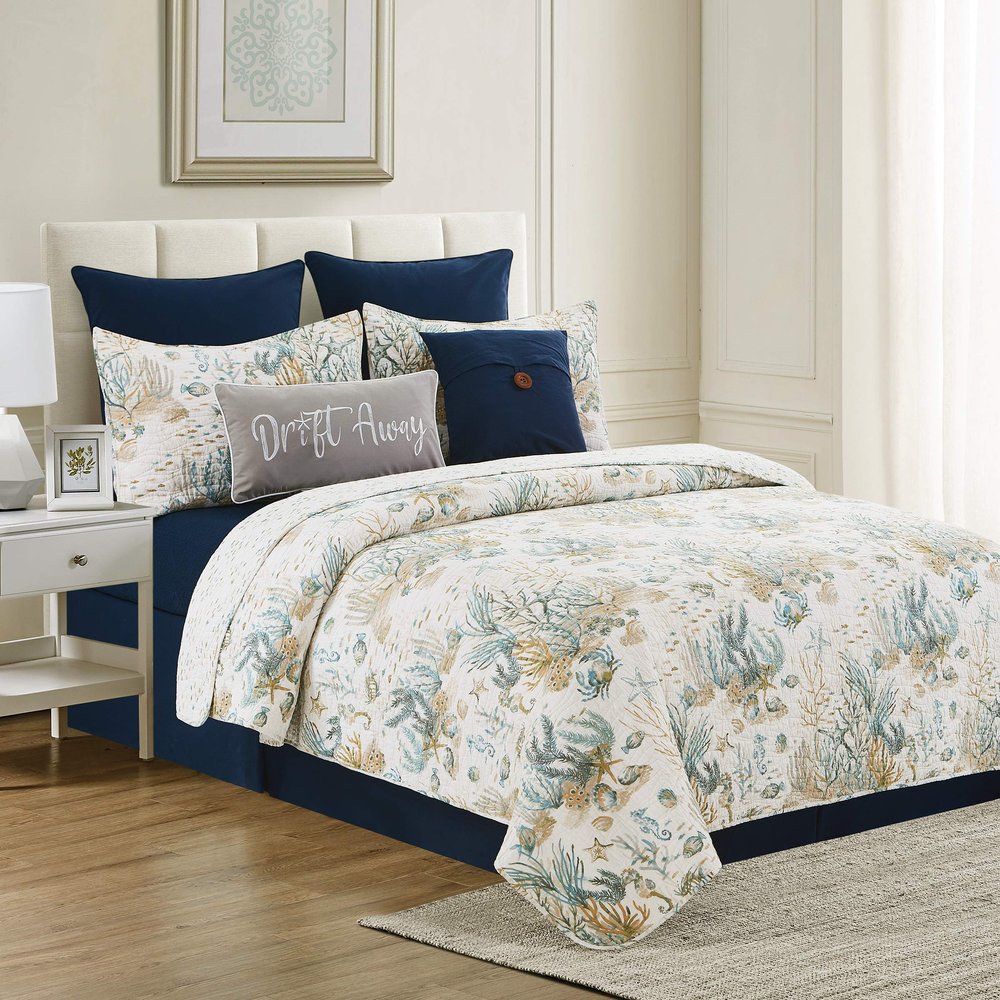 C&F Home Cerulean Shores Twin 2 Piece Coastal Nautical Seashells Reversible Fish Crab Starfish Pattern Beach Bed Quilt Set Machine Bedspread Bedding Washable Cotton Quilt Set Twin 2 Piece Set White