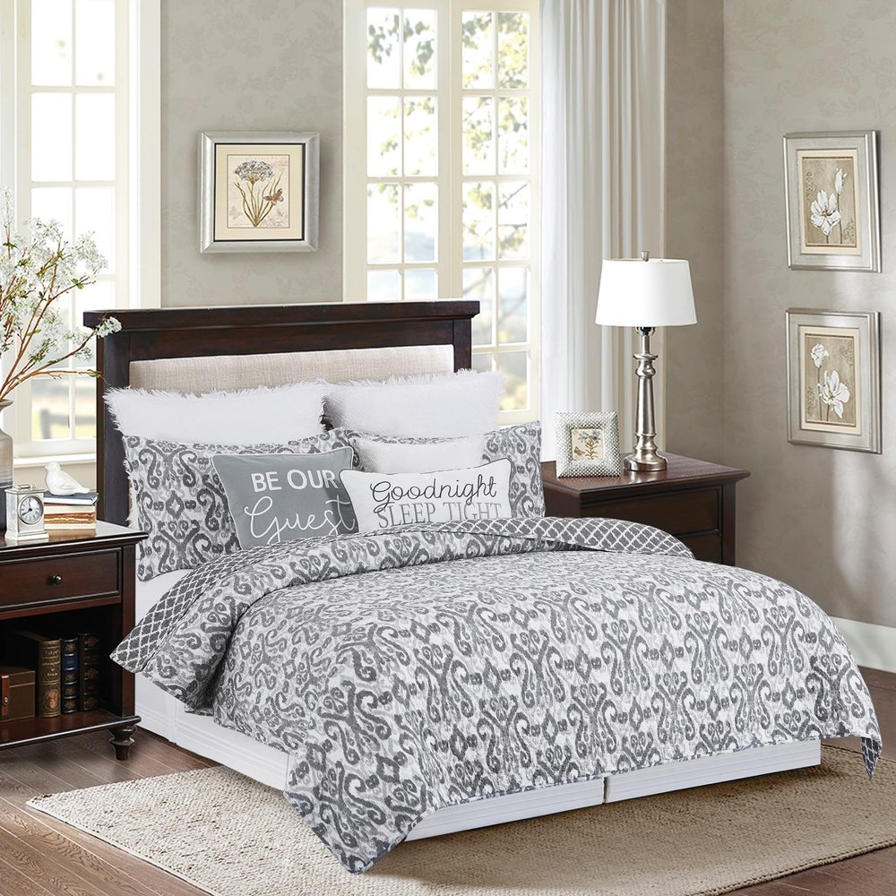 C&F Home Heather Grey & White Damask Reversible Diamond Twin Quilt Set Machine Washable Cotton Quilt Set Twin 2 Piece Set Grey
