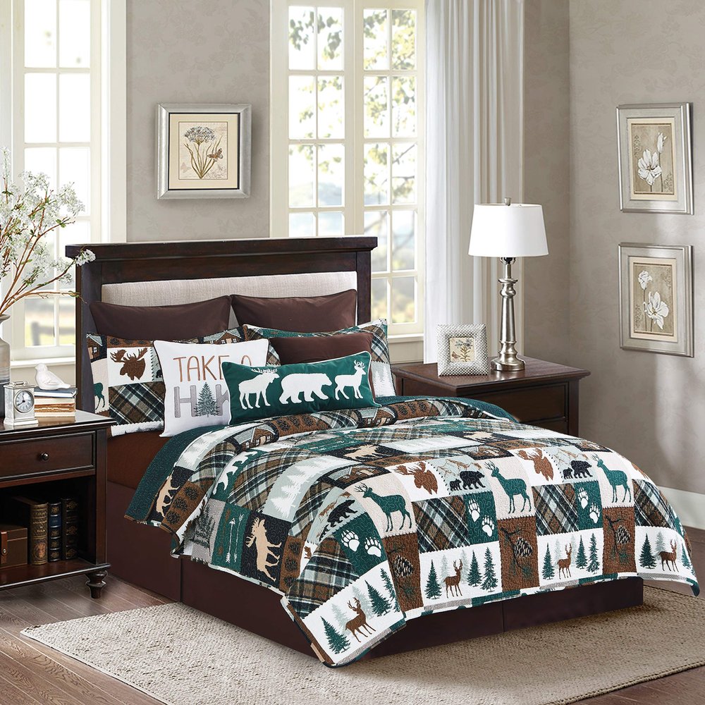 C&F Home Fletcher Forest Patchwork Reversible Hatched Green Lodge Wilderness Full/Queen Quilt Set Machine Washable Cotton Quilt Set Full/Queen 3 Piece Set Brown