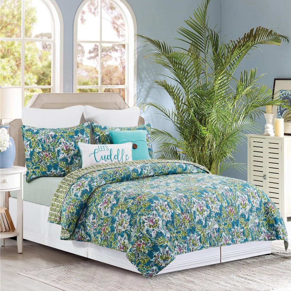 C&F Home Violet Purple Blue & Green Flora Reversible Herringbone Full/Queen Quilt Set Machine Washable Cotton Quilt Set Full/Queen 3 Piece Set Blue
