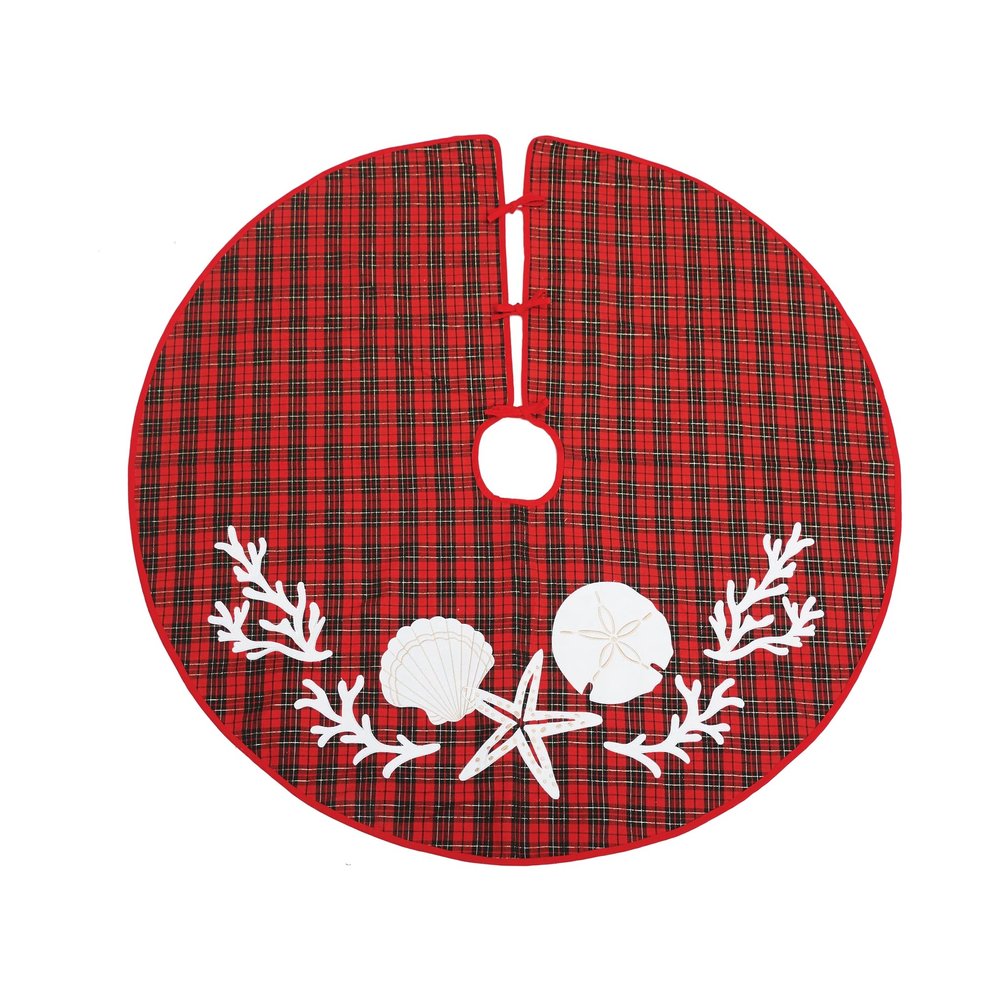C&F Home Seaside Red Checkered Plaid 100% Cotton Christmas Tree Skirt 54" Xmas Festive Winter Holidays Coastal Nautical Home Living Room Faux Real Pine Tree Machine Wash Decor Decoration 54" Red