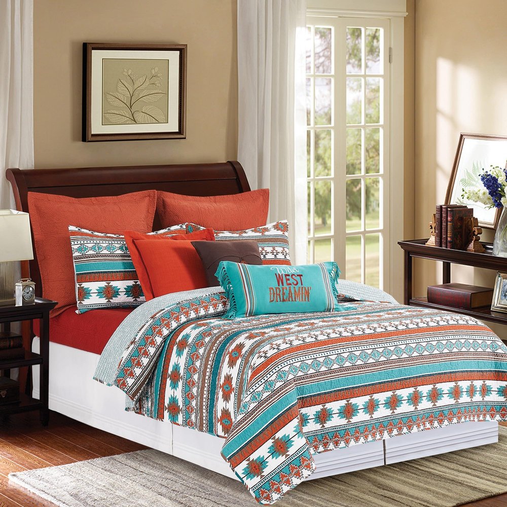 C&F Home Aqua Valley 3 Piece Full/Queen Quilt Set Orange Geometric Print 100% Cotton Lightweight Machine Washable Reversible Bedspread Coverlet Full/Queen 3 Piece Set Orange