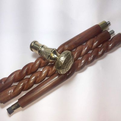 Ganga Nautical Vintage Brass Gold Handle Round Knob Walking Stick Designer Wooden Stick