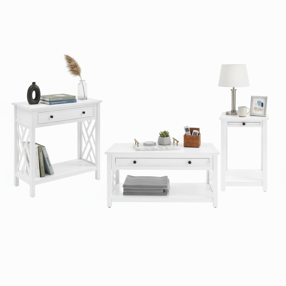 Alaterre Furniture Coventry 36" Coffee, End Tray and Console/TV Table, Set of 3, White