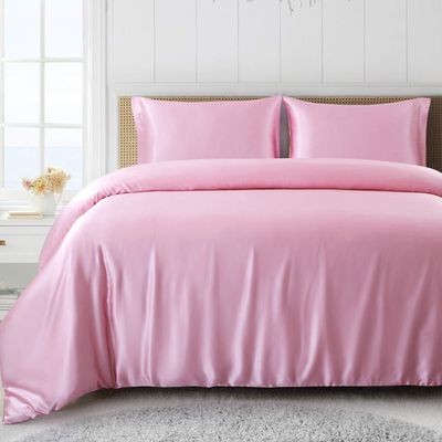 5 PC Satin Bedding Set Soft Silky Satin Bed Set with Zipper Closure & Corner Ties With 600 Thread Count 18'' Deep Pocket of Fitted Sheet (Duvet cover+Fitted+Flat+Pillowcases)Oversized King ,Pink