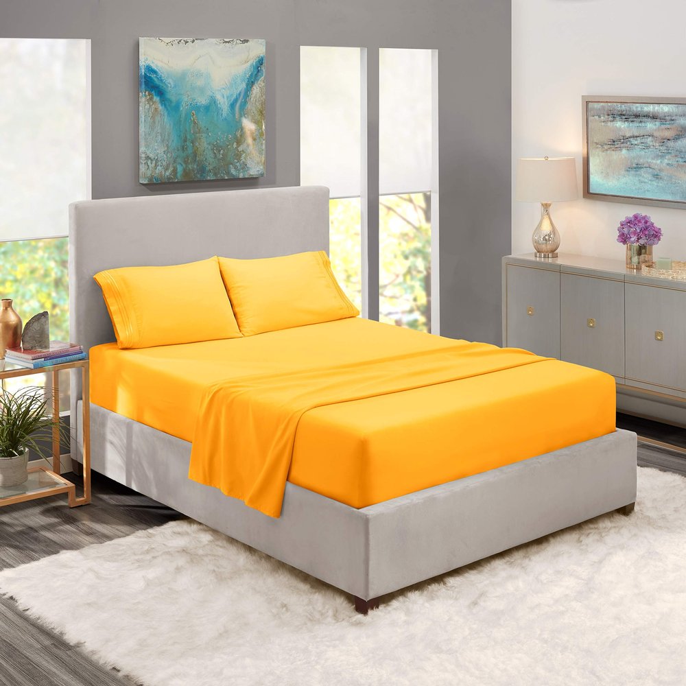 5 Pcs Split Bed Sheet Set + Duvet Cover with Zipper Closure & Corner Ties 100% Combed Cotton 600 TC Split Cal-King Size Sheet Set For Adjustable Bed All Around Fitted Upto 28" DP(6 PC | Yellow)