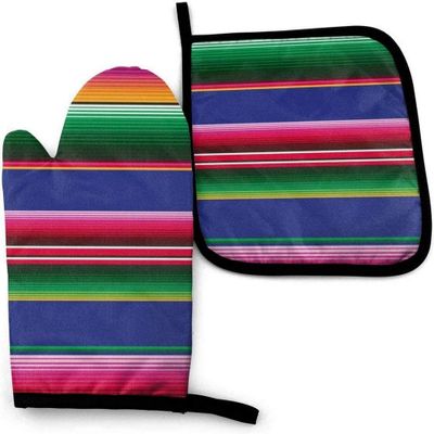 QIANKUI Colorful Mexican Stripes Oven Mitts and Pot Holder Kitchen Set, Heat Resistant Non-Slip Oven Mitten Glove for Cooking Baking BBQ Grilling
